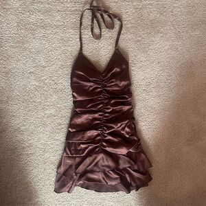 Y2K Jessica McClintock Ruched Ruffle Mini Dress Halter Women's Size 8 Brown